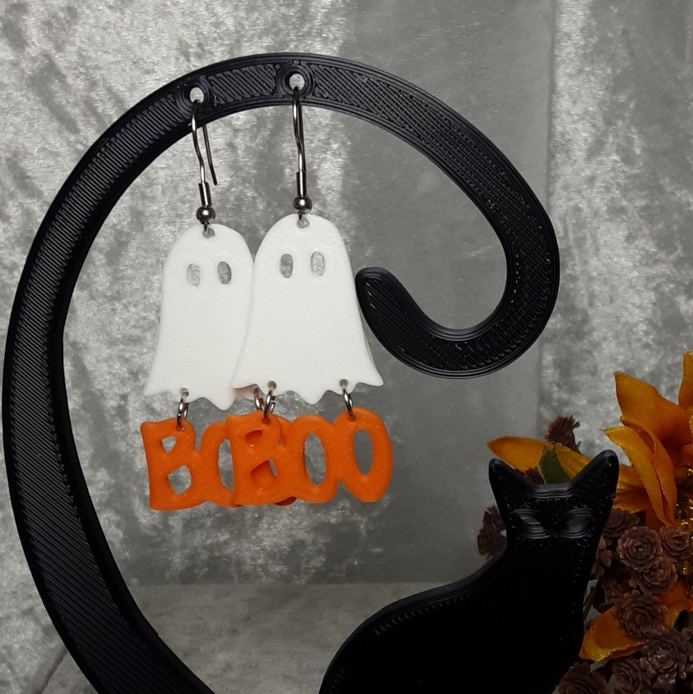 Handmade 3D Printed Ghost Boo Earrings Halloween White Orange - Picture 3 of 5